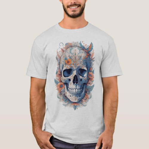 Skull with flowers and bird T_Shirt