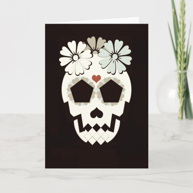 Skull With Flowers Sepia Greeting Card (Front)