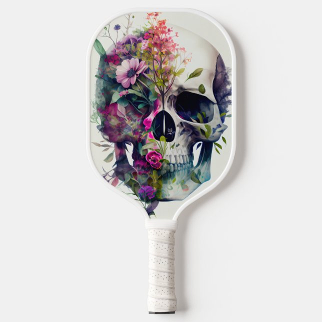skull with flowers, white background pickleball paddle (Front)