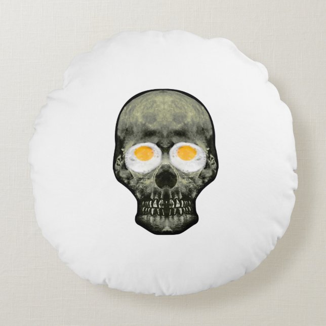 Skull with Fried Egg Eyes Round Pillow (Front)