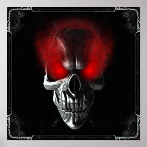 Skull with glowing red eyes poster
