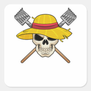 Skull with Hat as Farmer with Rake Square Sticker