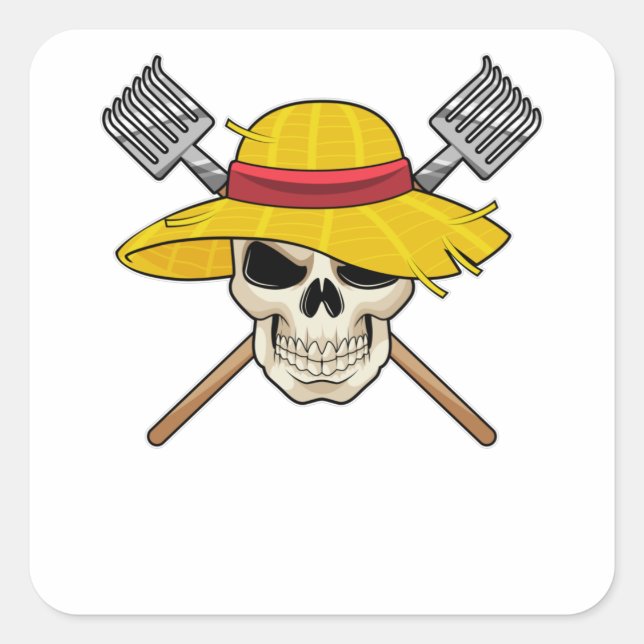 Skull with Hat as Farmer with Rake Square Sticker (Front)