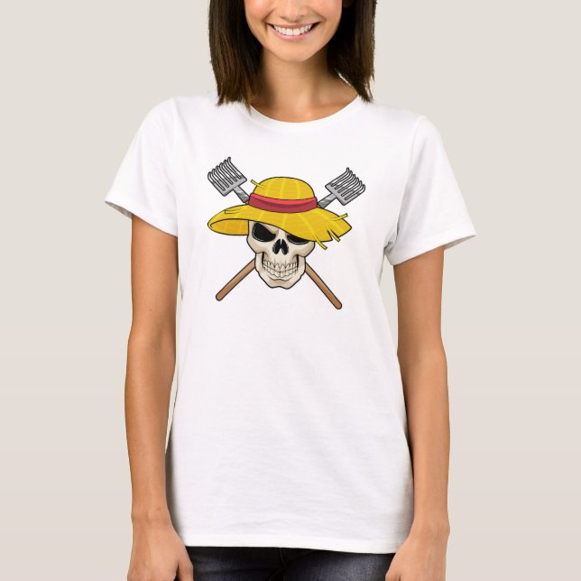 Skull with Hat as Farmer with Rake T-Shirt (Front)