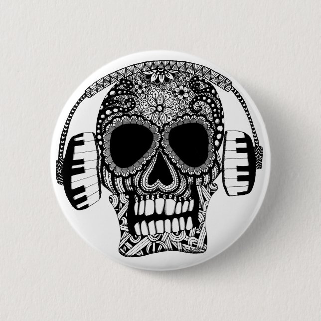 Skull with Headphones Black and White Music Pinback Button (Front)