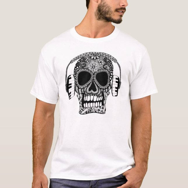 Skull with Headphones Black and White Music T-Shirt (Front)