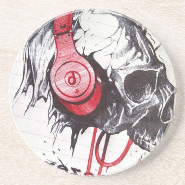 Skull with Headphones Design Sandstone Coaster (Front)