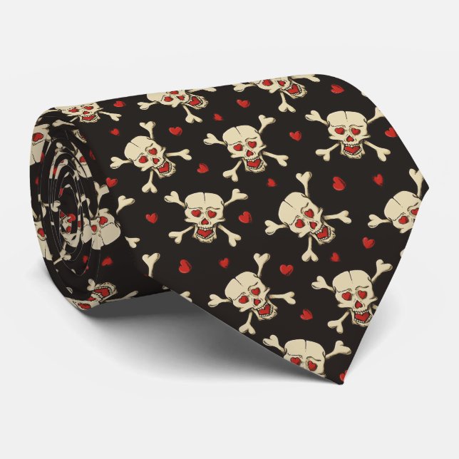 Skull with Hearts Pattern Neck Tie (Rolled)