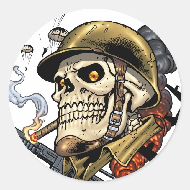 Skull with Helmet, Airplanes and Bombs Classic Round Sticker (Front)