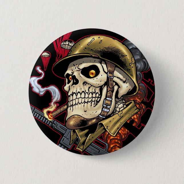 Skull with Helmet, Airplanes and Bombs Pinback Button (Front)
