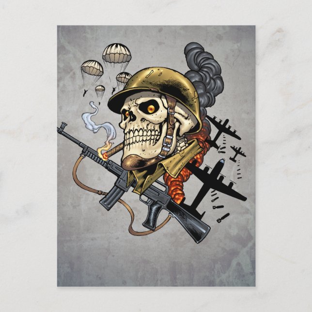 Skull with Helmet, Airplanes and Bombs Postcard (Front)