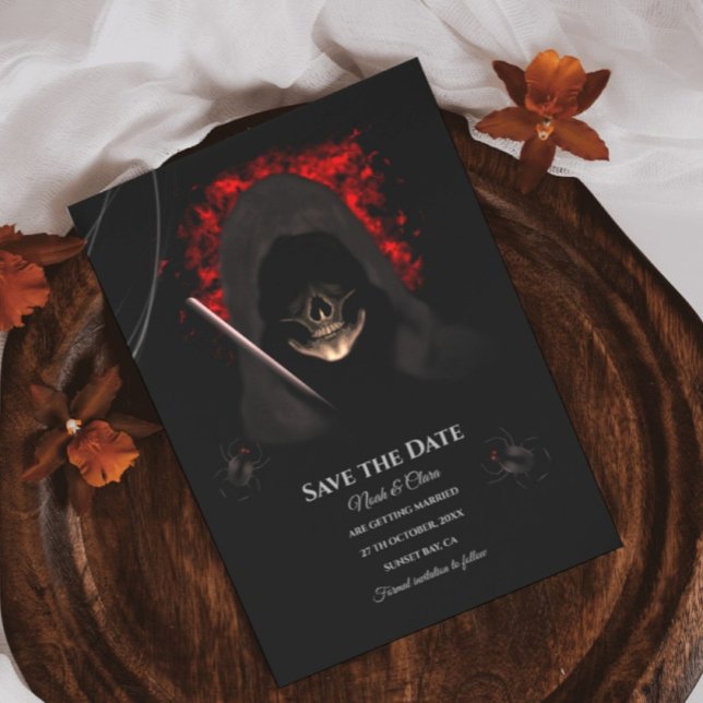 Skull with hoodie dark moody gothic hallowedding save the date (Creator Uploaded)