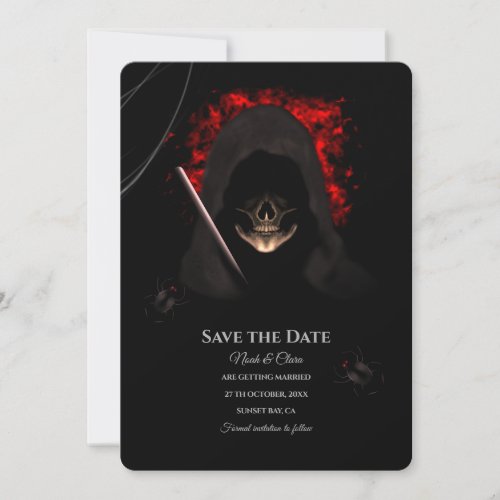 Skull with hoodie dark moody gothic hallowedding save the date