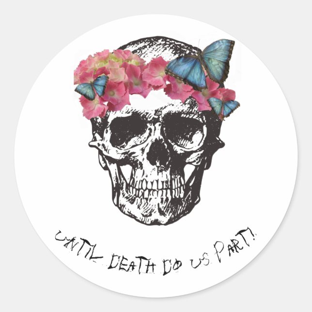 Skull with Hydrangea and Butterflies Classic Round Sticker (Front)