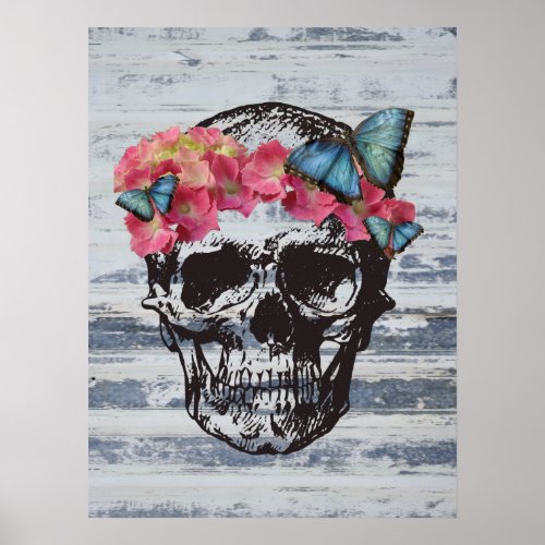Skull with hydrangea flowers and butterflies poster