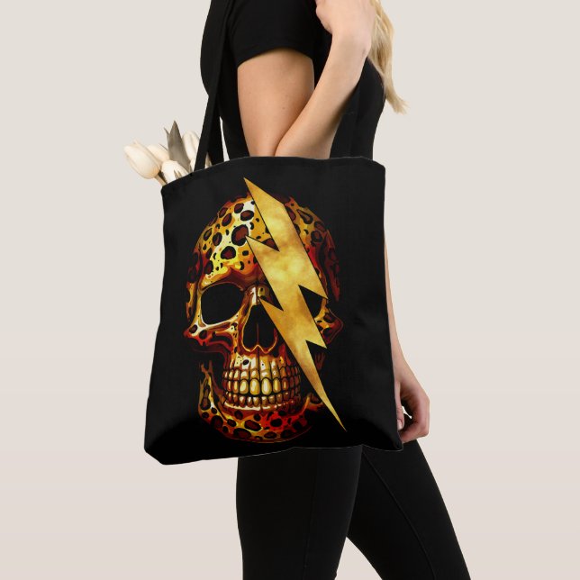 Skull with Leopard Print & Gold Spark Tote Bag (Close Up)