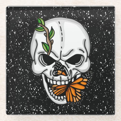 Skull with Monarch Butterflies Black Background    Glass Coaster