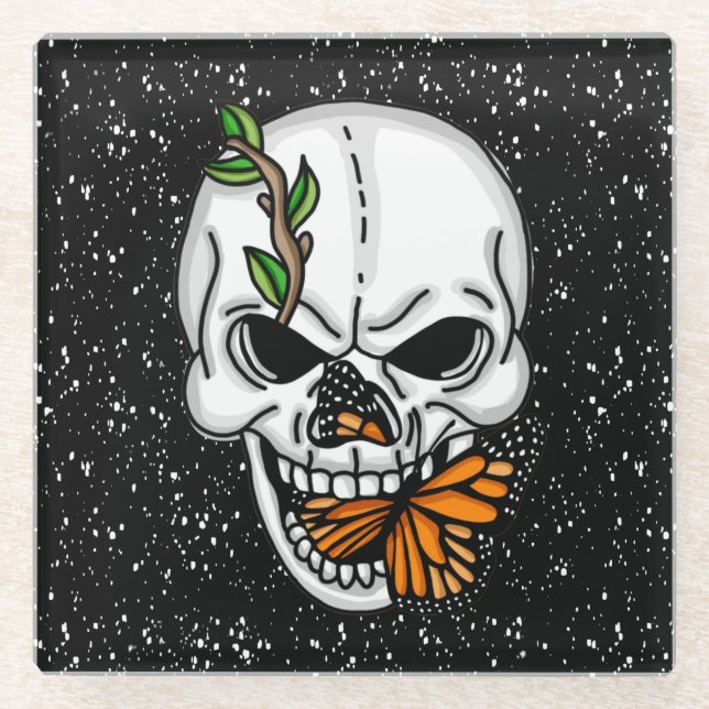 Skull with Monarch Butterflies Black Background    Glass Coaster (Front)