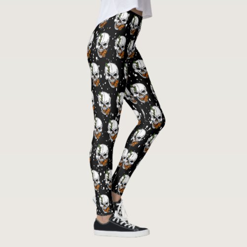 Skull with Monarch Butterflies Black Background Leggings