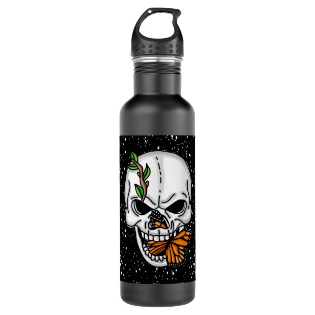 Skull with Monarch Butterflies Black Background  Stainless Steel Water Bottle (Front)