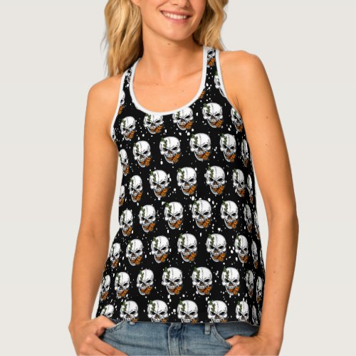 Skull with Monarch Butterflies Black Background Tank Top