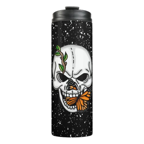 Skull with Monarch Butterflies Black Background Thermal Tumbler