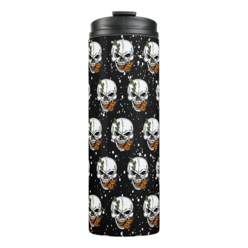 Skull with Monarch Butterflies Black Background  Thermal Tumbler