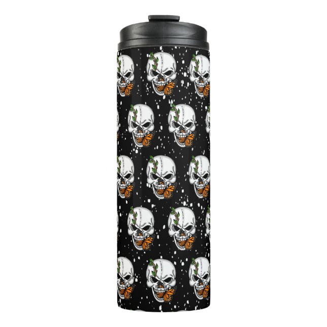 Skull with Monarch Butterflies Black Background  Thermal Tumbler (Front)