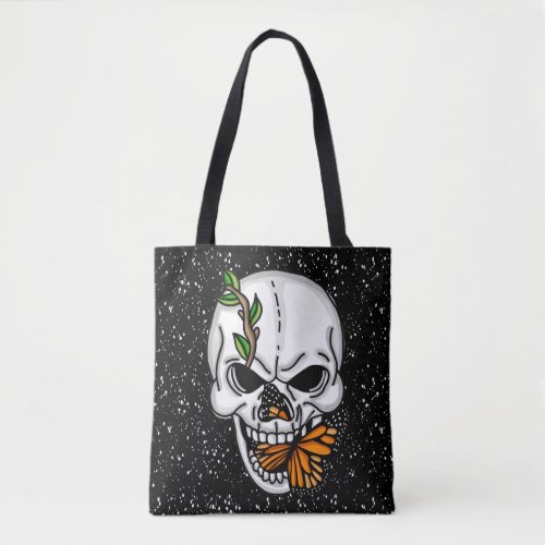 Skull with Monarch Butterflies Black Background Tote Bag