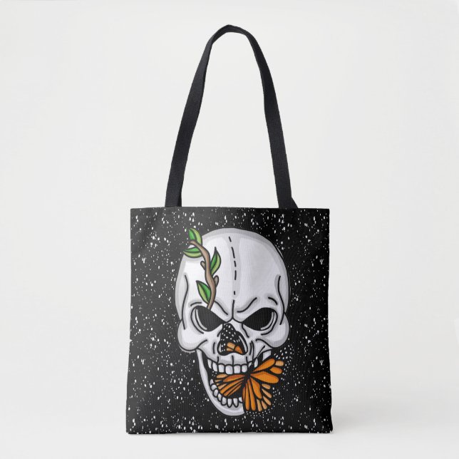 Skull with Monarch Butterflies Black Background Tote Bag (Front)
