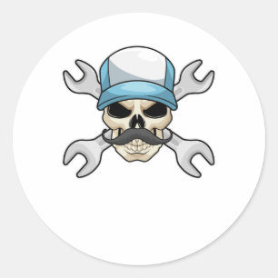 Skull with Mustache & Wrench Classic Round Sticker