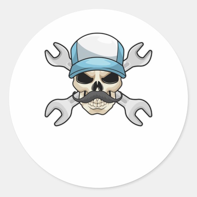 Skull with Mustache & Wrench Classic Round Sticker (Front)