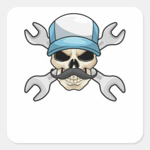 Skull with Mustache & Wrench Square Sticker
