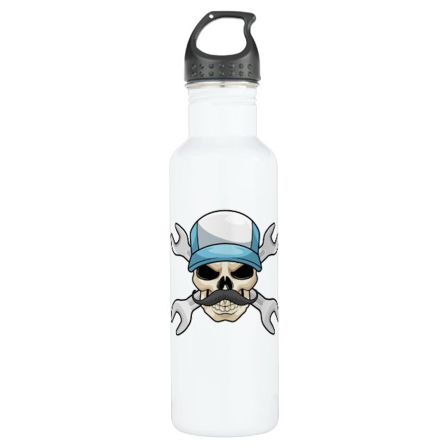 Skull with Mustache & Wrench Stainless Steel Water Bottle (Front)