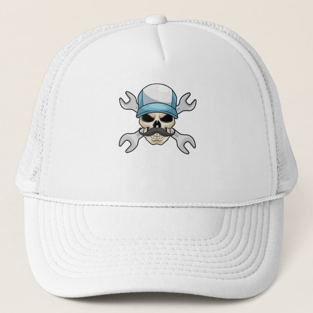 Skull with Mustache & Wrench Trucker Hat (Front)