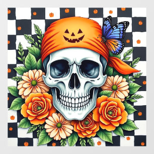 Skull With Orange Bandana And Roses With Checkers Window Cling
