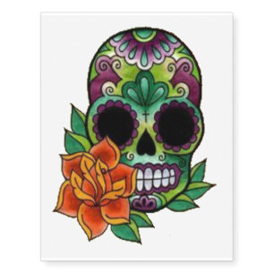 Skull with Orange Flower Temporary Tattoos