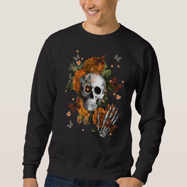 Skull with Orange Flowers & Butterflies Dark Humor Sweatshirt (Front)
