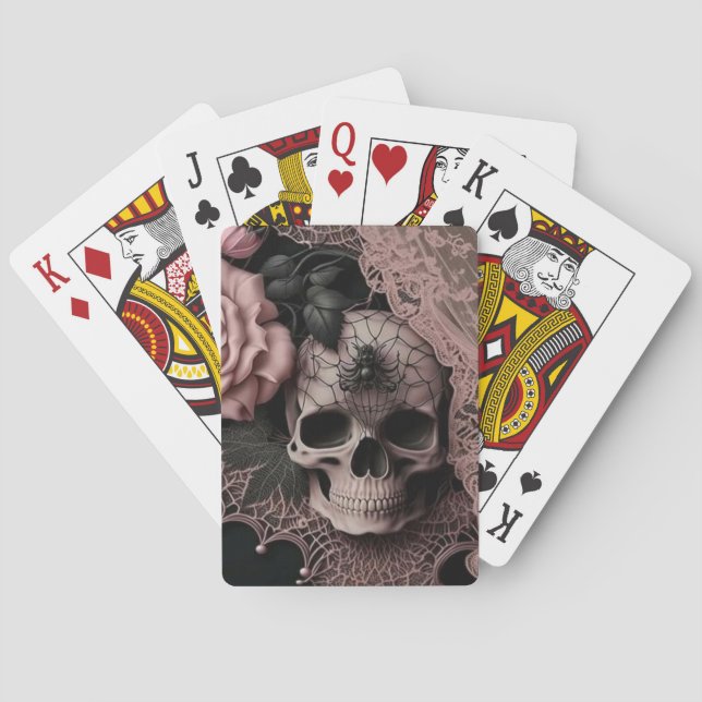 Skull with Pink Lace and Soft Pink Flower Poker Cards (Back)