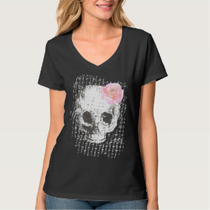 Skull With Pink Rose And Metal Mesh T-Shirt