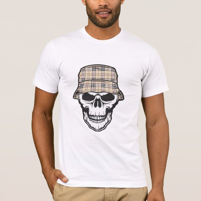 Skull with Plaid Bucket Hat Graphic T-Shirt (Front)