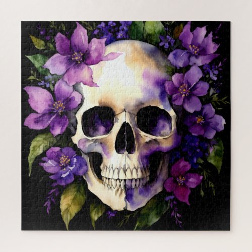 Skull With Purple Flowers Goth Jigsaw Puzzle