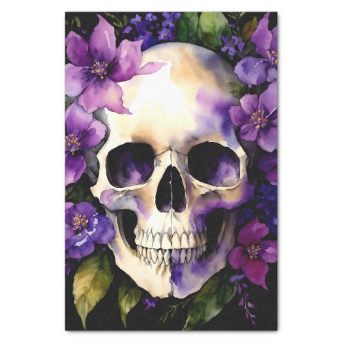 Skull With Purple Flowers Goth Tissue Paper