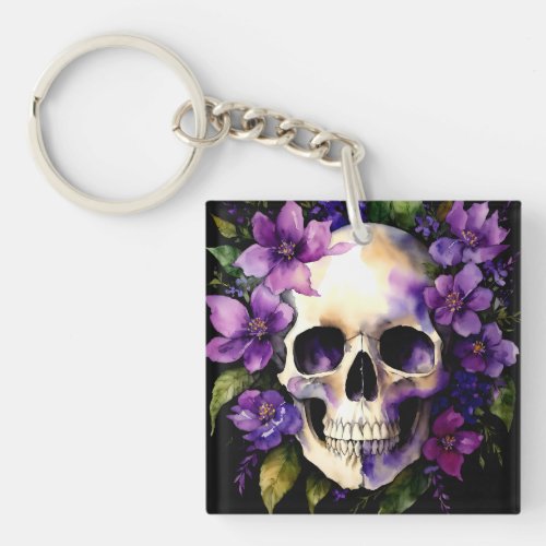 Skull With Purple Flowers Goth Watercolor Art Keychain