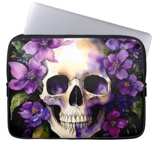 Skull With Purple Flowers Goth Watercolor Art Laptop Sleeve