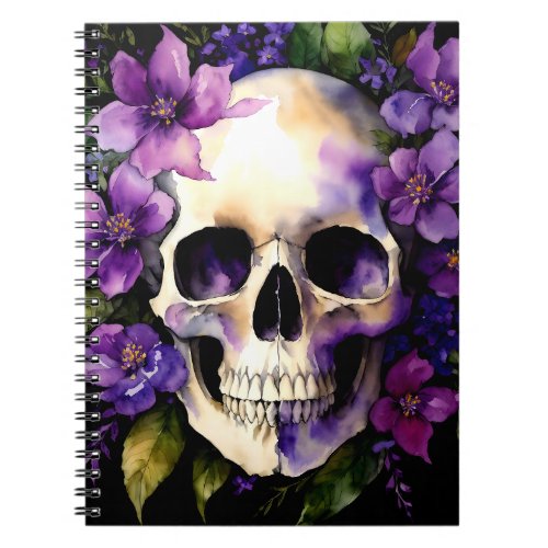 Skull With Purple Flowers Goth Watercolor Art Notebook