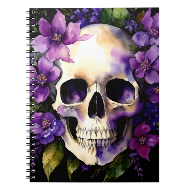 Skull With Purple Flowers Goth Watercolor Art Notebook (Front)