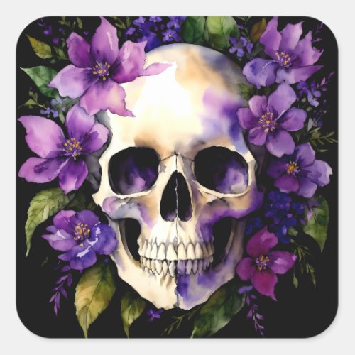 Skull With Purple Flowers Goth Watercolor Art Square Sticker