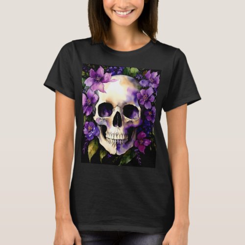 Skull With Purple Flowers Goth Watercolor Art T_Shirt