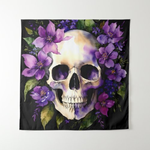 Skull With Purple Flowers Goth Watercolor Art Tapestry